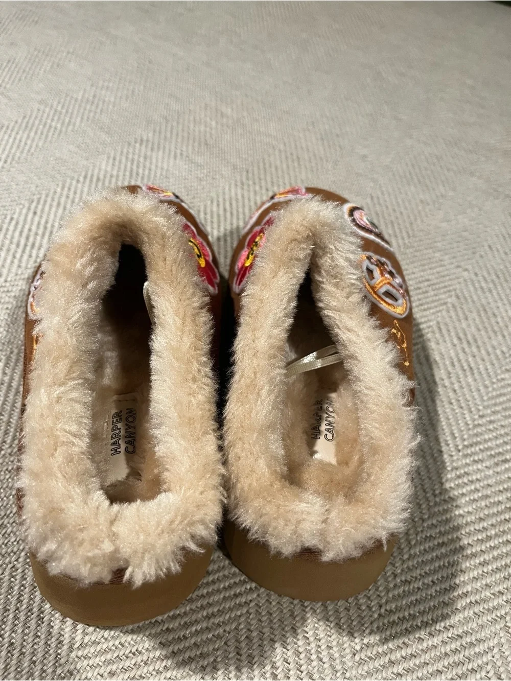 Harper Canyon Brown Kids Slippers with Floral & Butterfly Patches